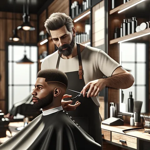 Realistic stock image of barber cutting hair.